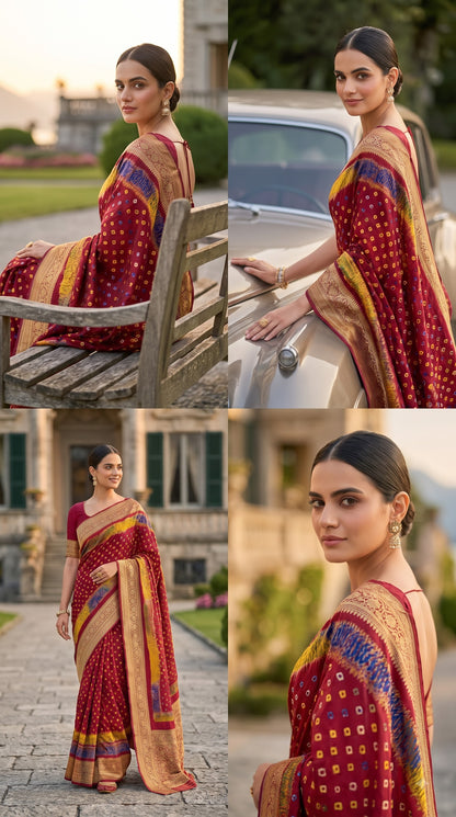 Art Silk Bandhani with Shibori & Zari Border - Maroon