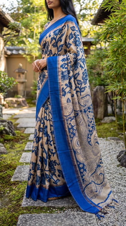 Kalamakari Silk Saree with Kaddi Border - Royal Blue