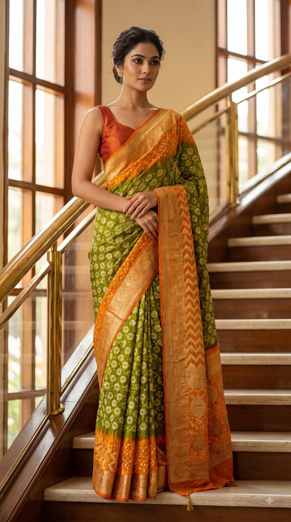 Art Silk with Bandhani - Green with Orange Border