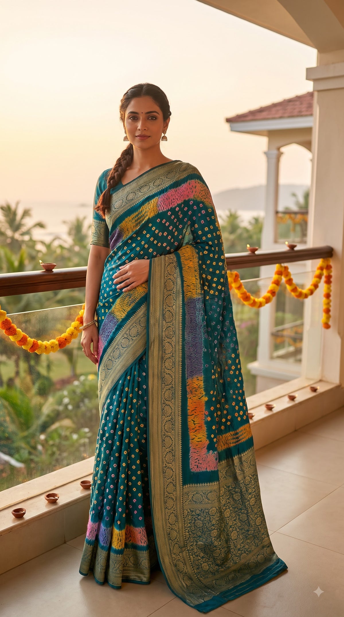 Art Silk Bandhani with Shibori & Zari Border - Blue