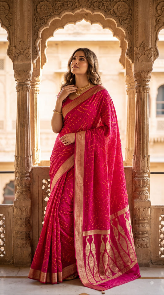 Art Silk Saree with Multi Bandhani - Red