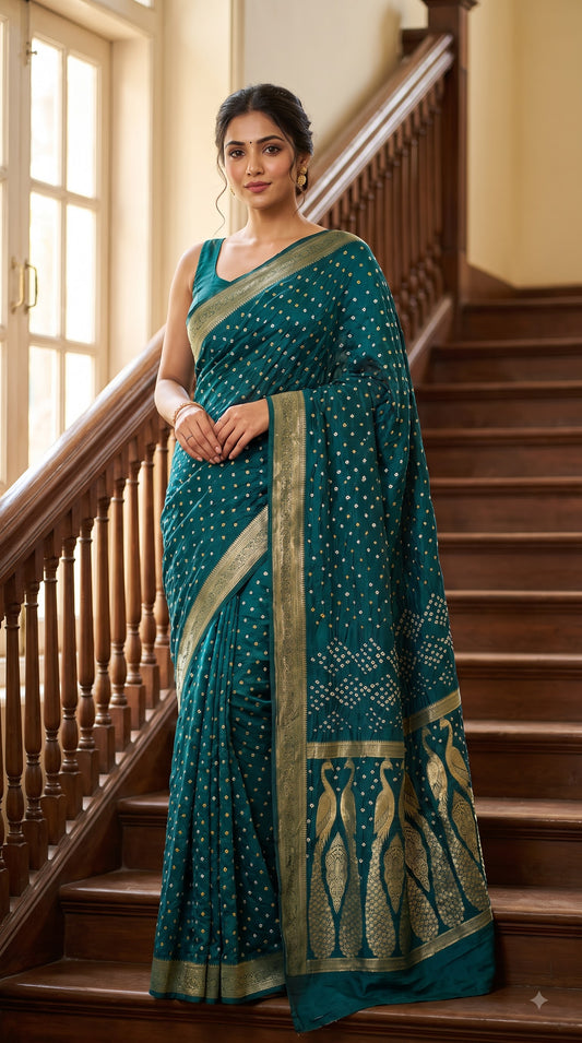 Art Silk Bandhani with Golden Zari - Rama Green