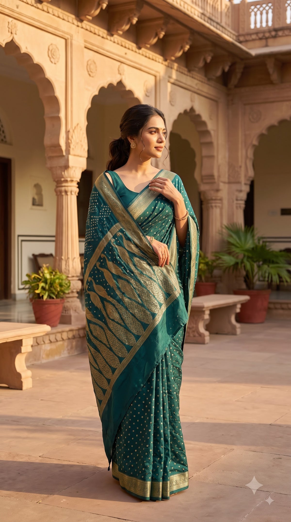 Art Silk Bandhani with Golden Zari - Rama Green