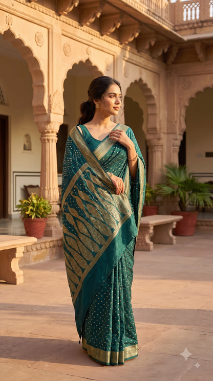 Art Silk Bandhani with Golden Zari - Rama Green