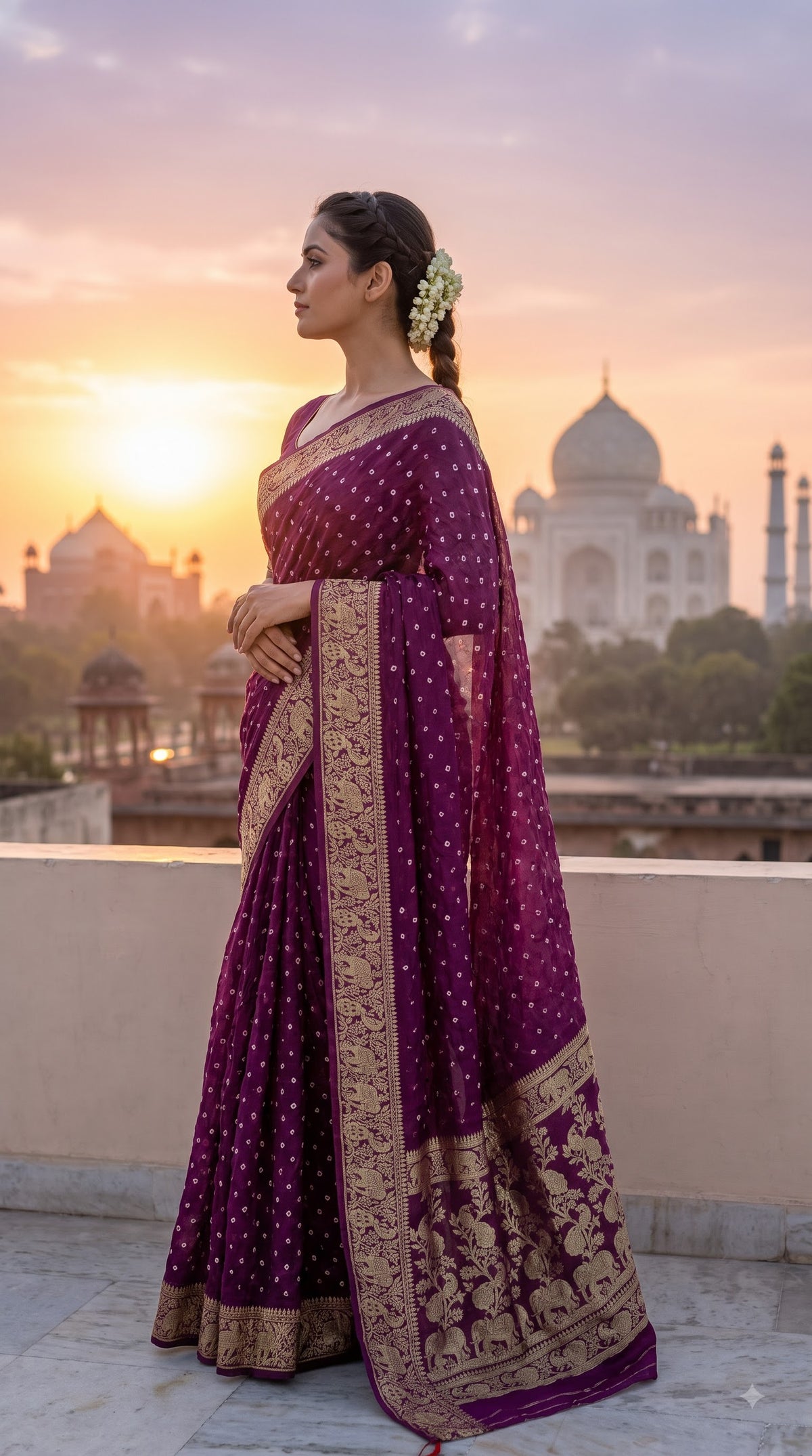 Art Silk Bandhani with Golden Zari - Wine