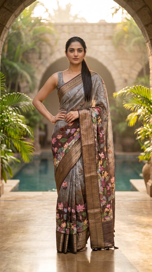 Pure Silk Saree with Digital Print & French Knot Kantha-Stitched - Grey
