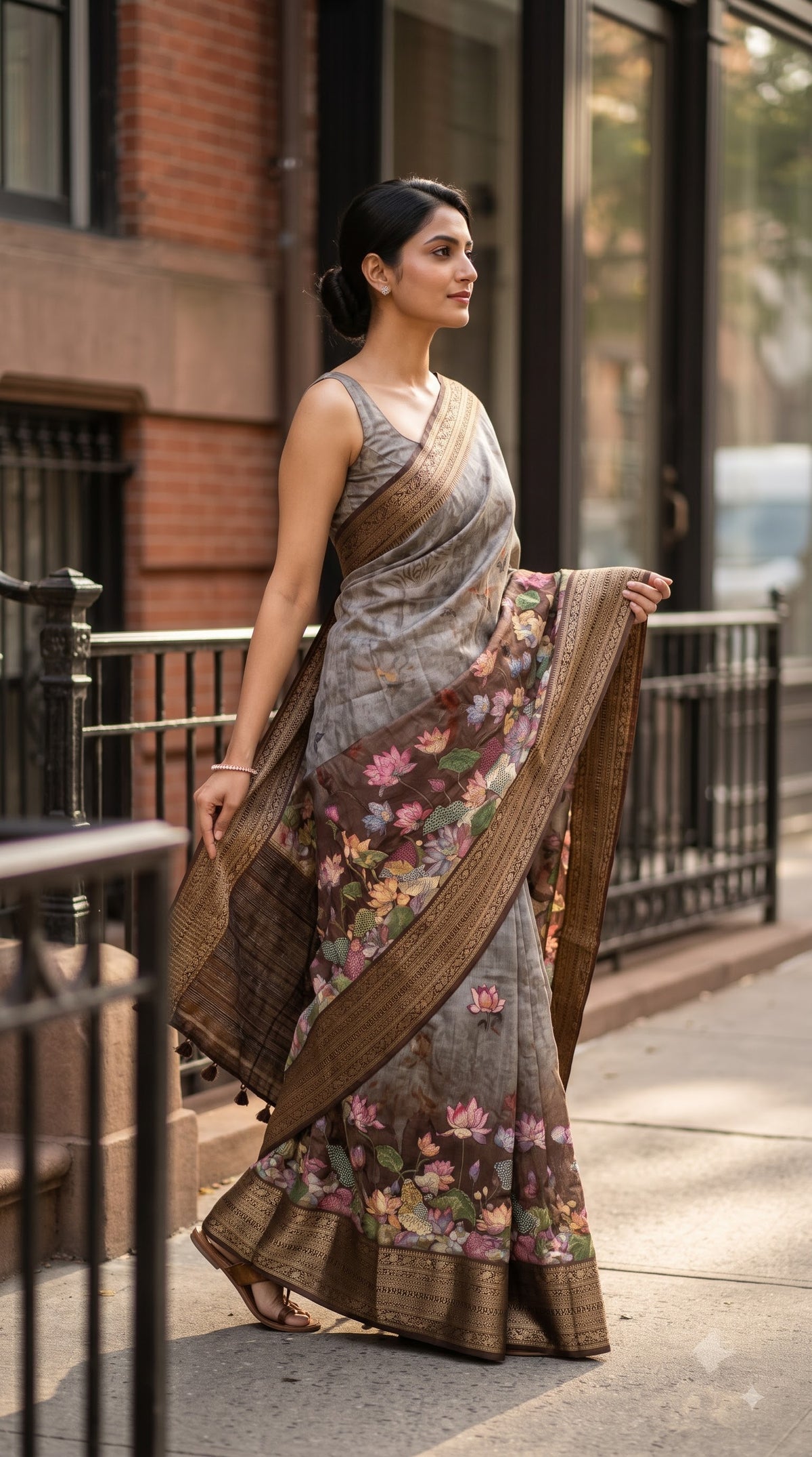 Pure Silk Saree with Digital Print & French Knot Kantha-Stitched - Grey