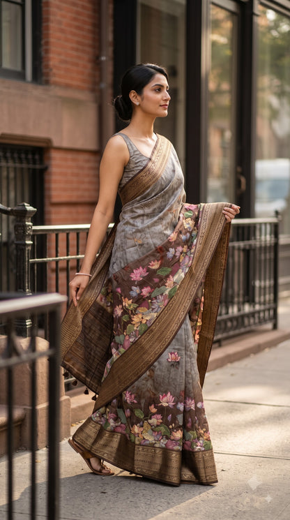 Pure Silk Saree with Digital Print & French Knot Kantha-Stitched - Grey