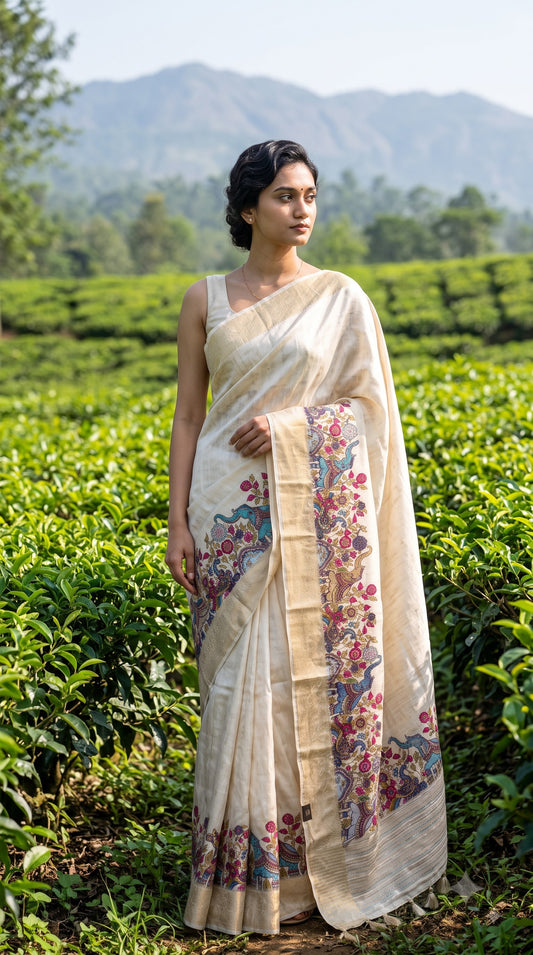 Pure Silk Saree with Digital Print & French Knot Kantha-Stitched - Cream