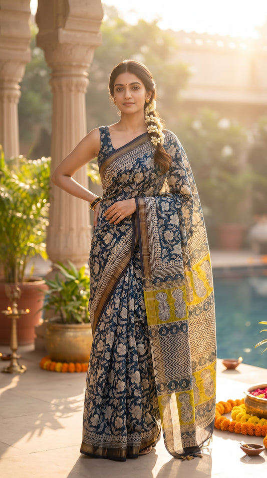 Maheshwari Silk Saree with Sanganery Print - Green