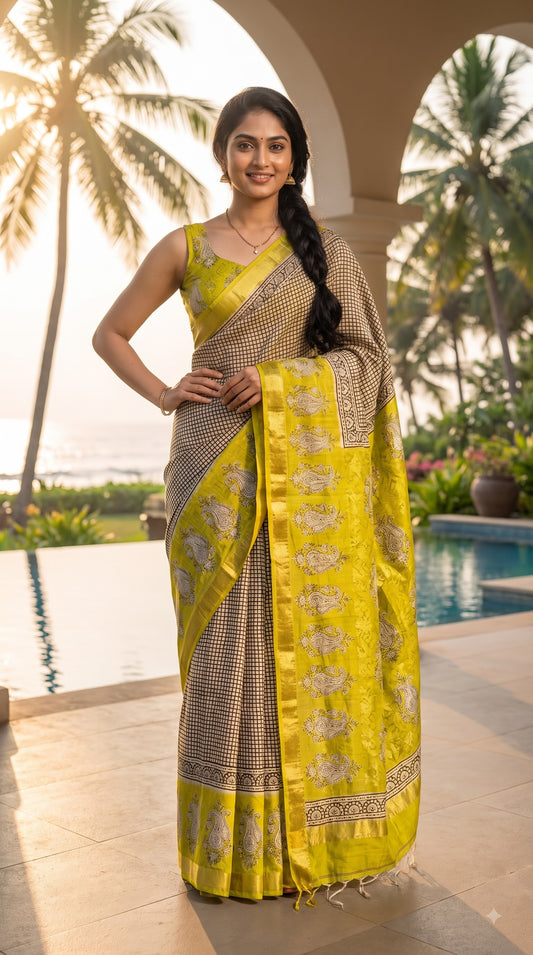 Maheshwari Silk Saree with Sanganery Handblock Print - Yellow
