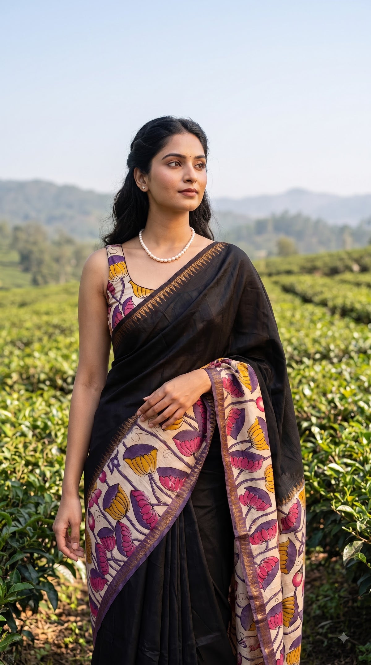 Plain Silk Saree with Kalamkari Gap Border - Black with Purple