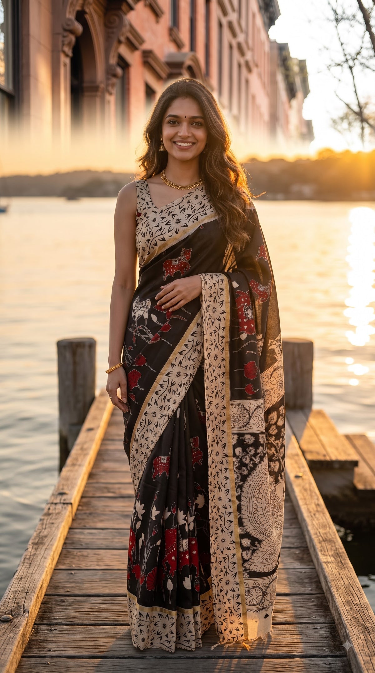 Kalamakari Silk Saree with Kaddi Border - Black with Beige