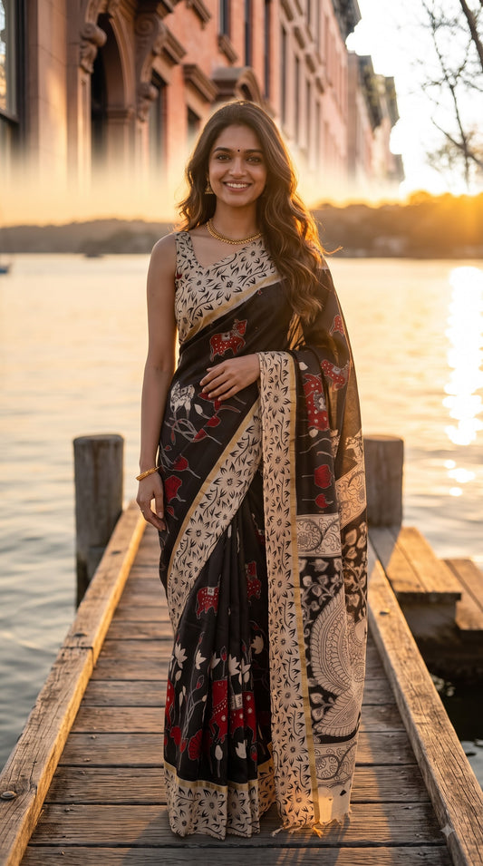 Kalamakari Silk Saree with Kaddi Border - Black with Beige