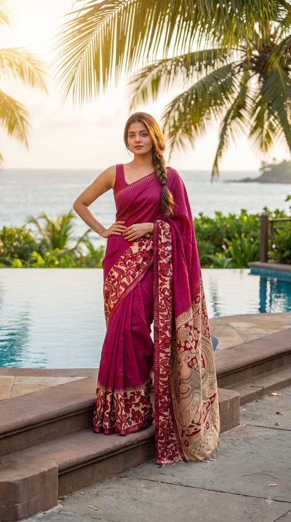 Plain Silk Saree with Kalamkari Gap Border - Magenta