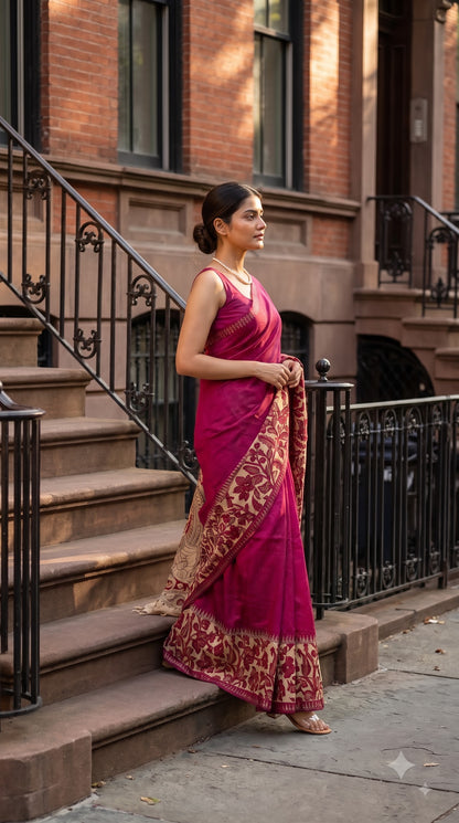 Plain Silk Saree with Kalamkari Gap Border - Magenta