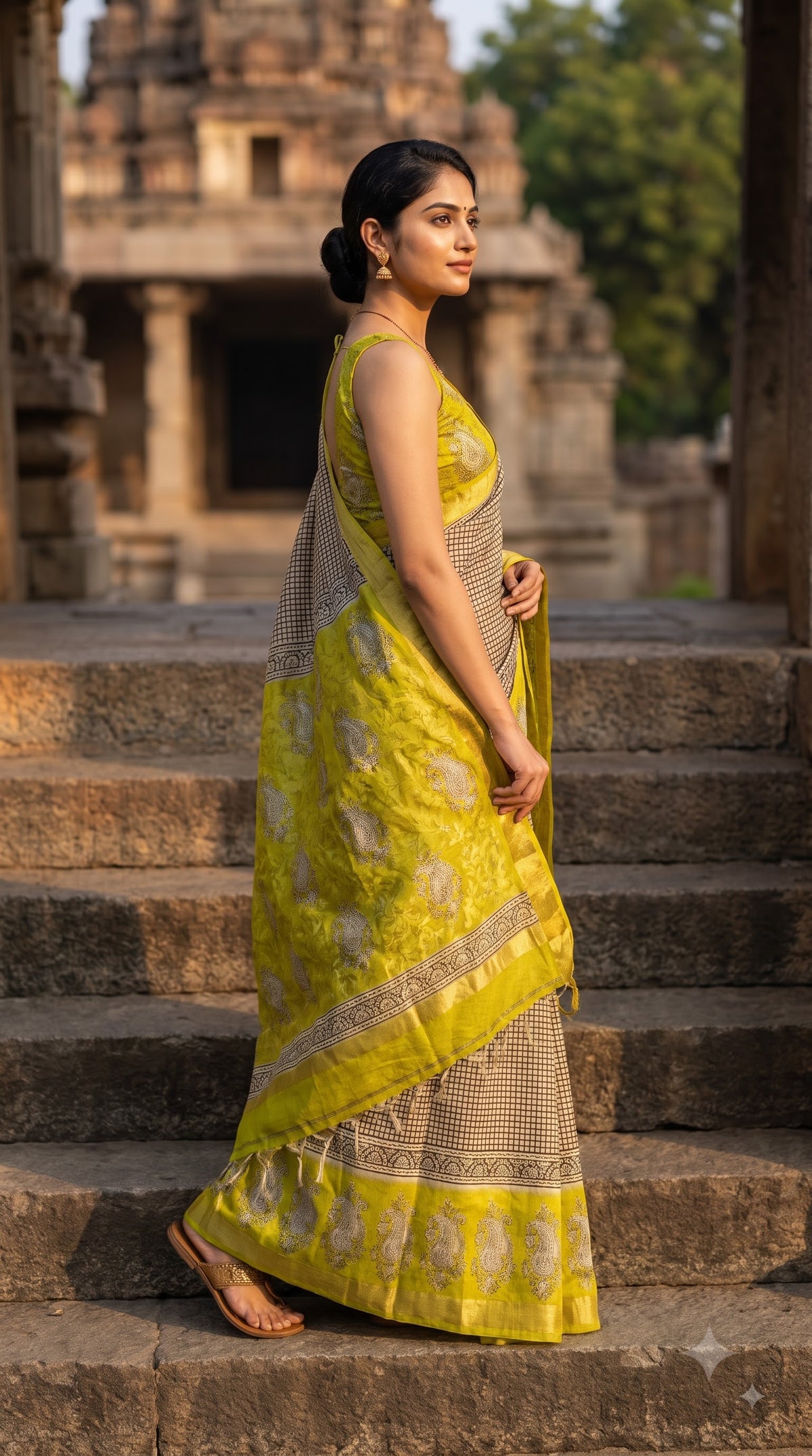 Maheshwari Silk Saree with Sanganery Handblock Print - Yellow