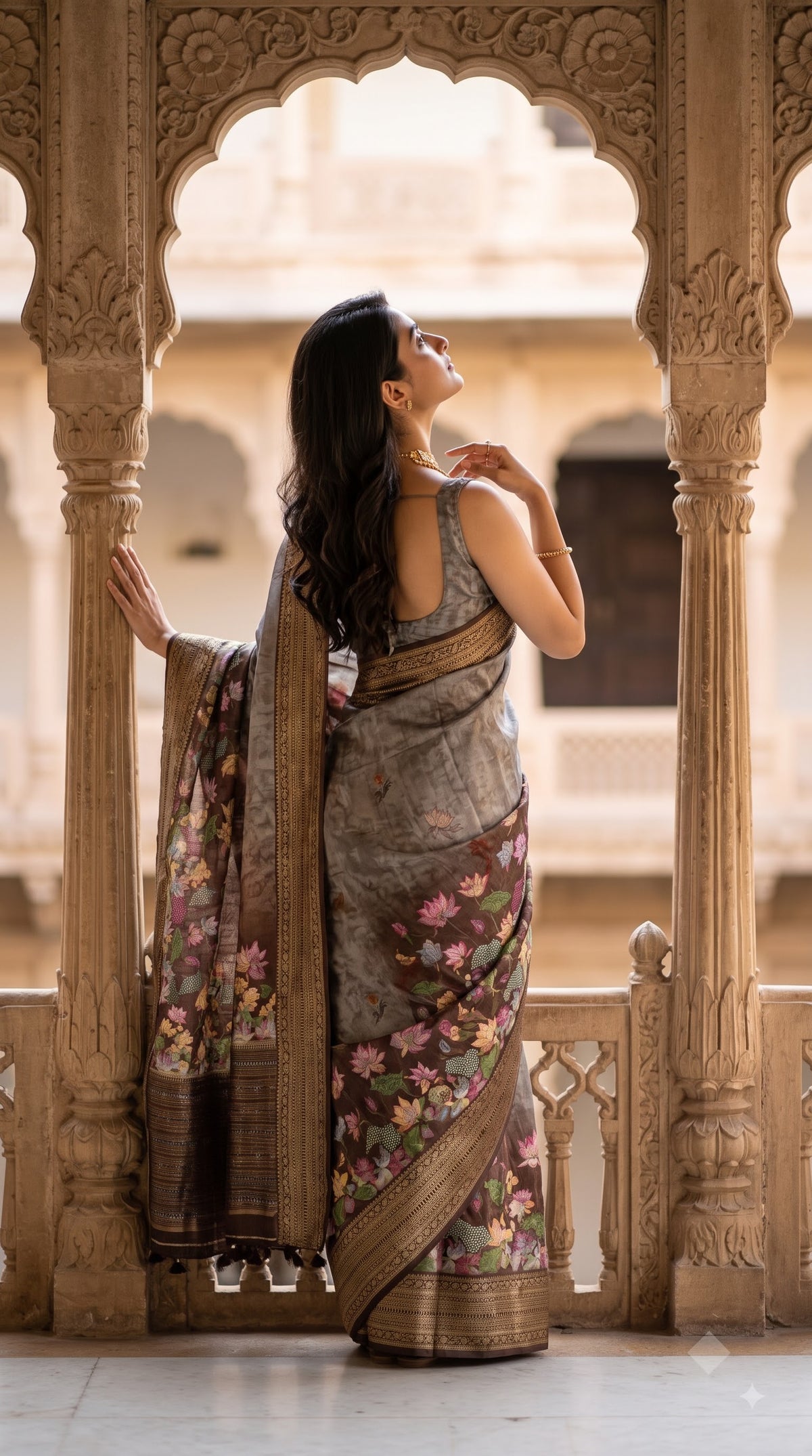 Pure Silk Saree with Digital Print & French Knot Kantha-Stitched - Grey