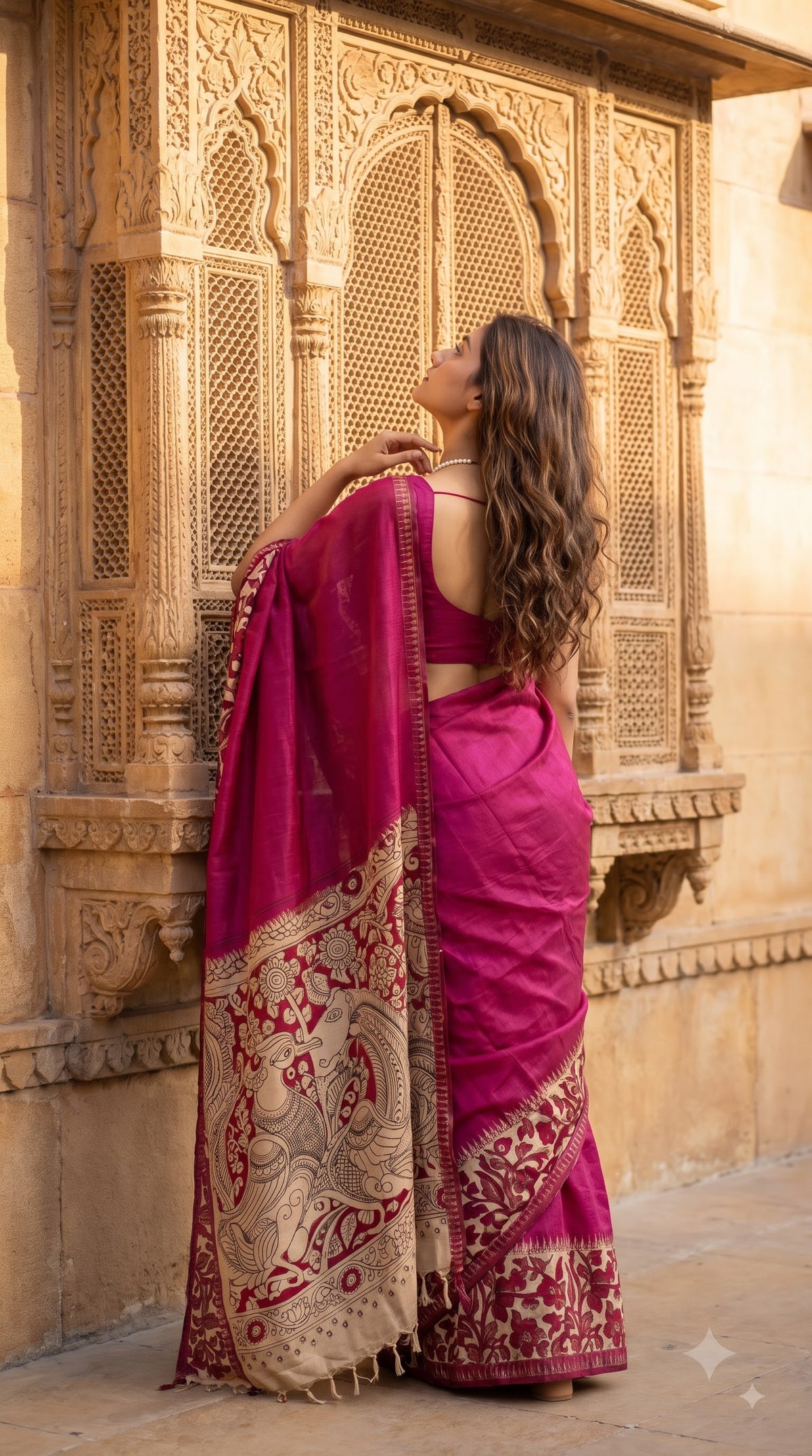 Plain Silk Saree with Kalamkari Gap Border - Magenta