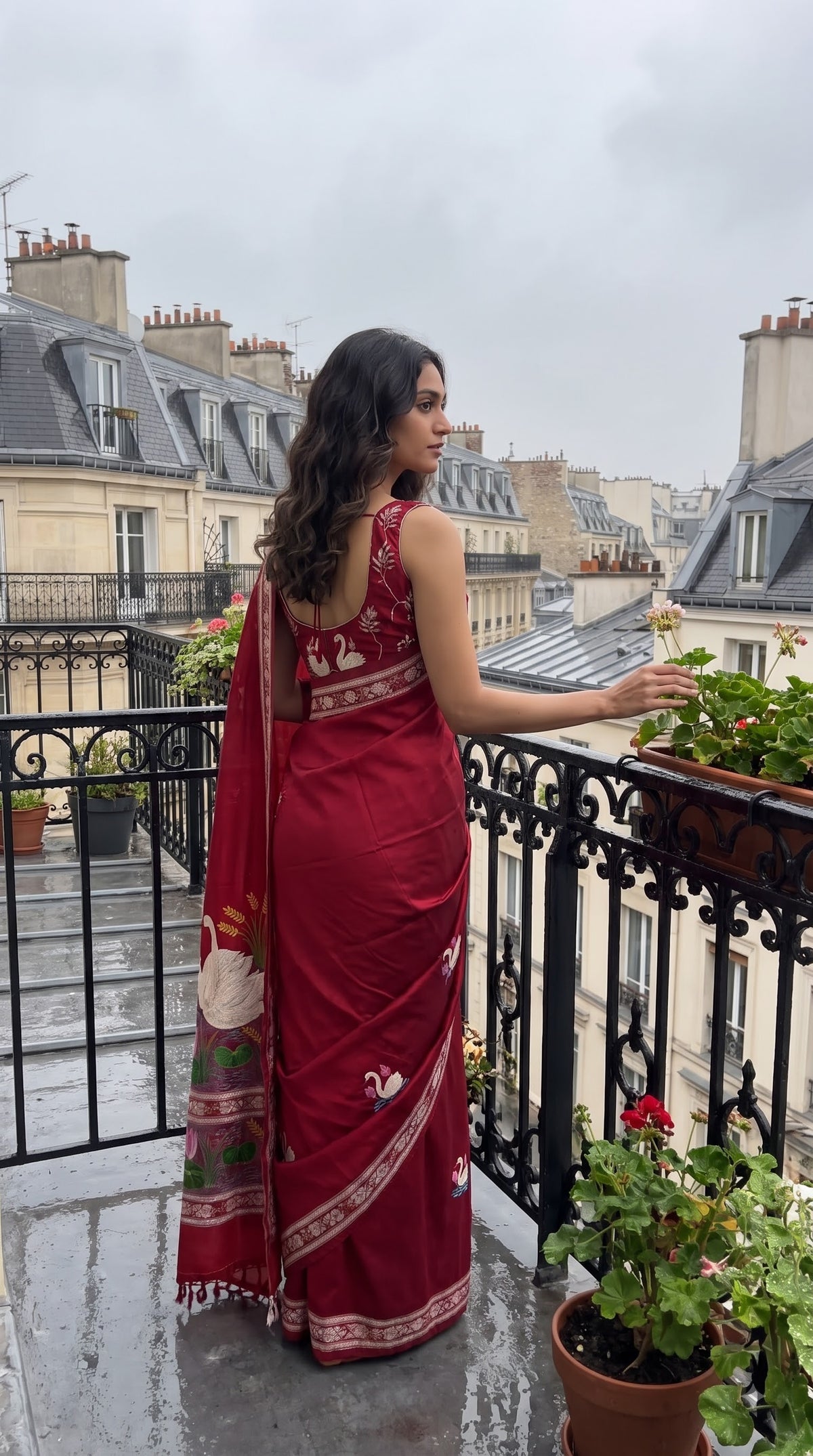 Pure Silk Saree with Kantha-Stitched - Maroon