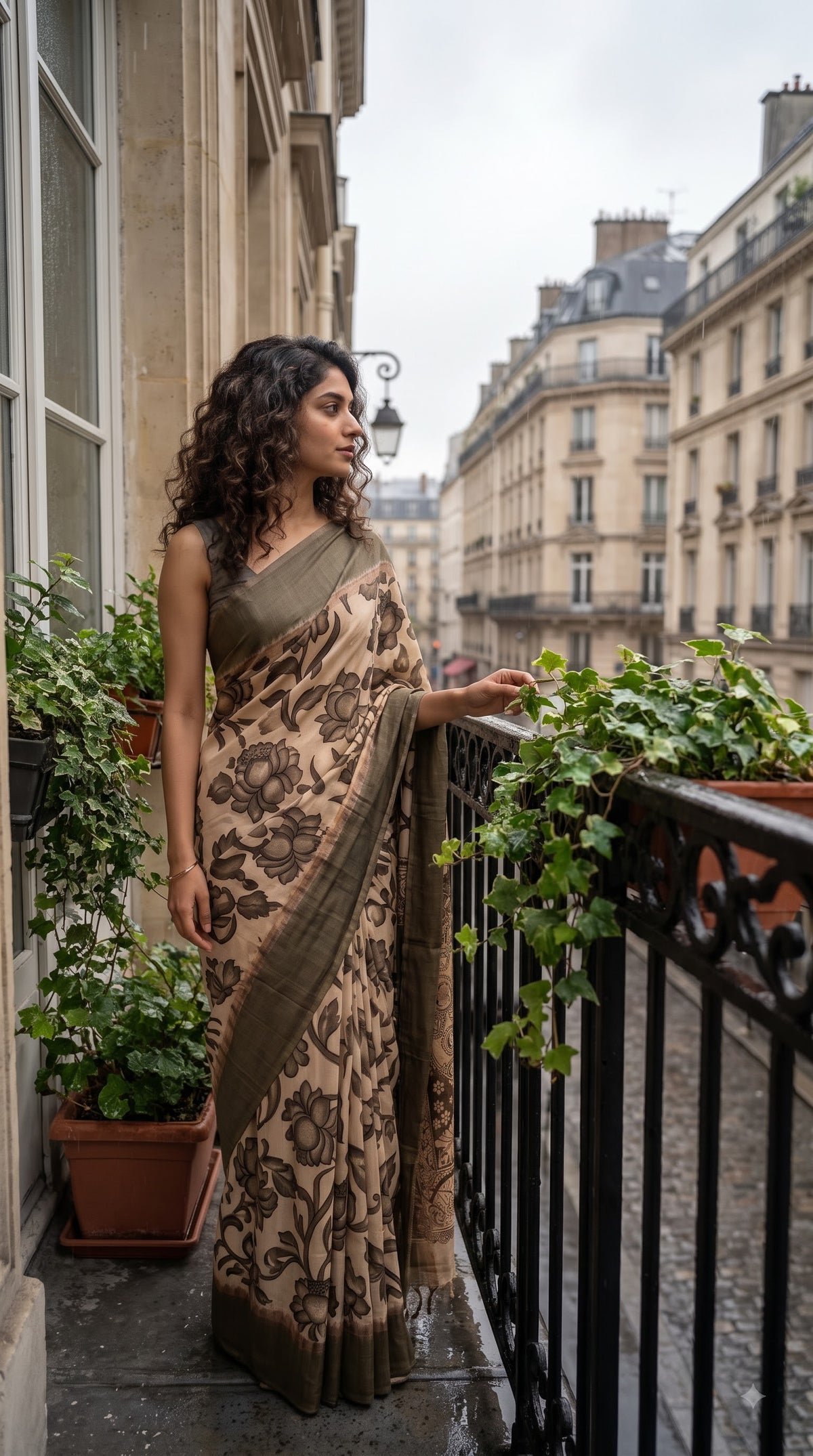 Kalamakari Silk Saree with Kaddi Border - Grey