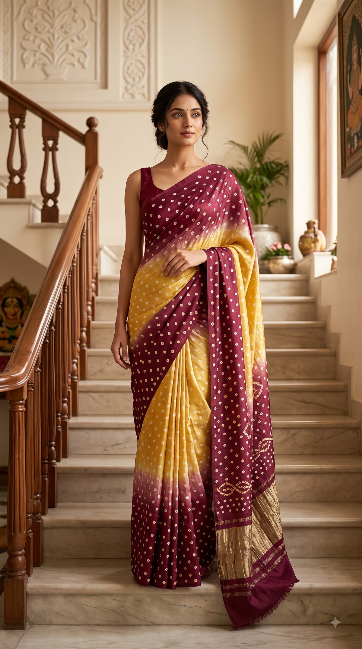 Modal Silk with Dual Shade Bandhani with Lagdi Patta - Beige/Maroon