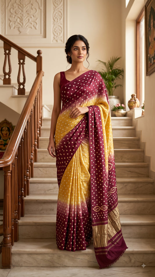 Modal Silk with Dual Shade Bandhani with Lagdi Patta - Beige/Maroon