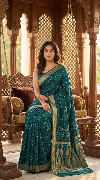 Art Silk Bandhani with Golden Zari - Rama Green