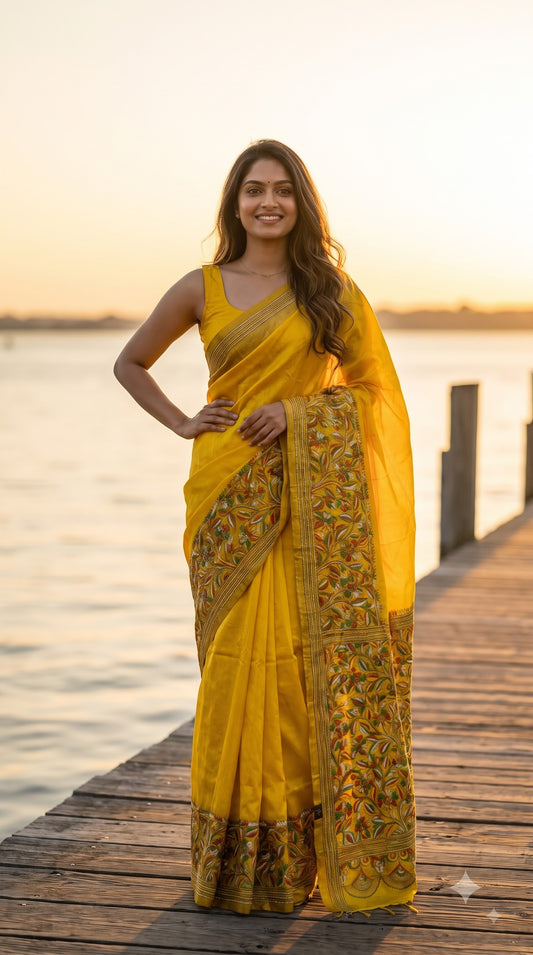 Pure Silk Saree with Kantha-Stitched - Yellow