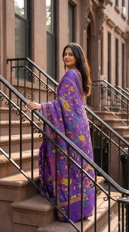 Pure Silk Saree with Kantha-Stitched - Purple