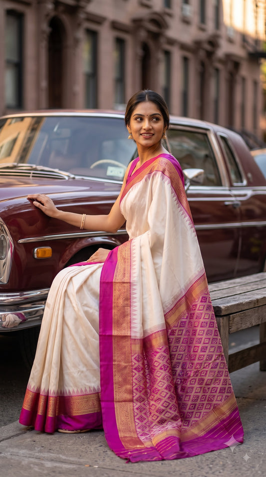 Silk Saree with Pochampally Pallu - White