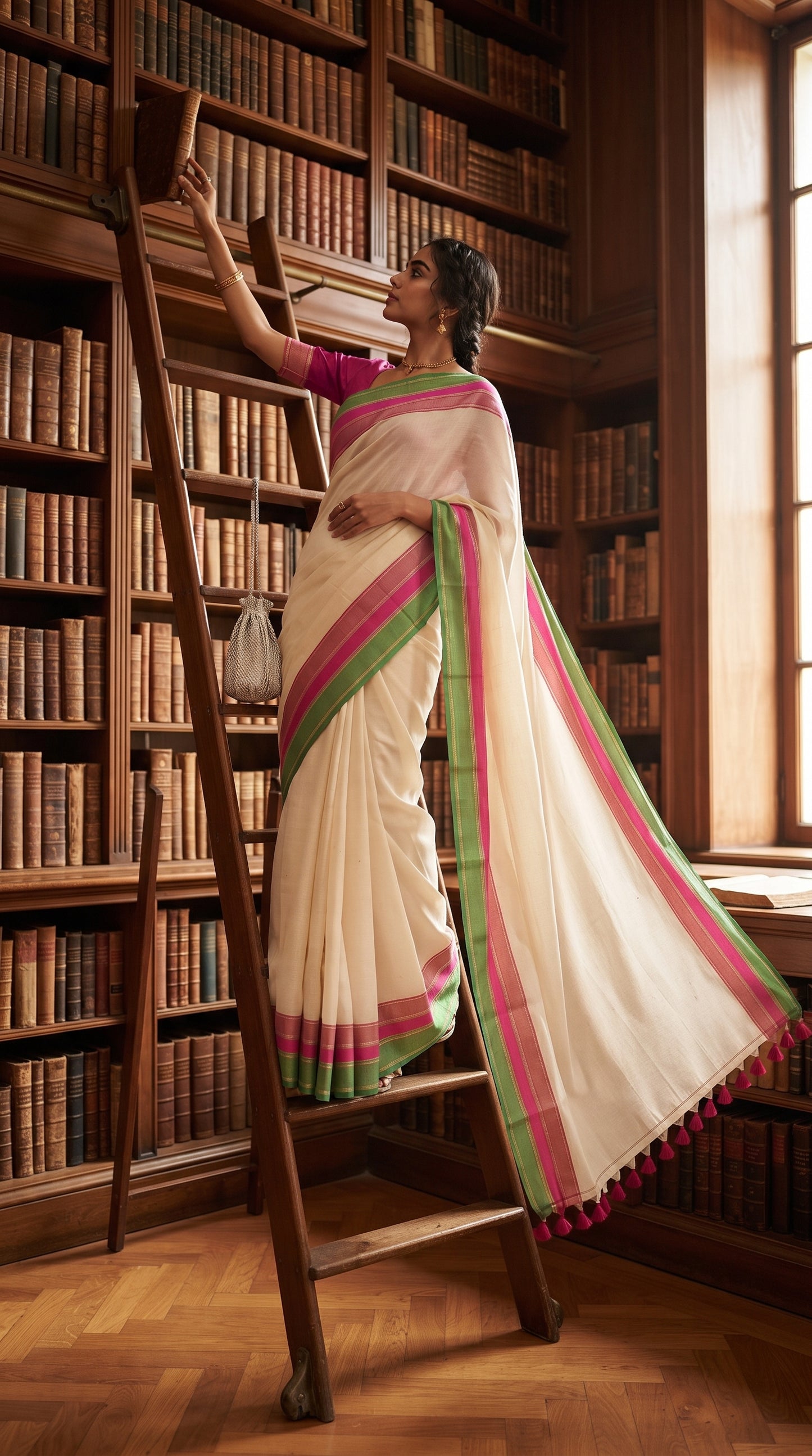 A full-length shot of a woman standing on a wooden ladder inside a tall, classic library, reaching for a book while her off-white mul cotton saree draping accentuates the vibrant pink and green striped pallu with tassels