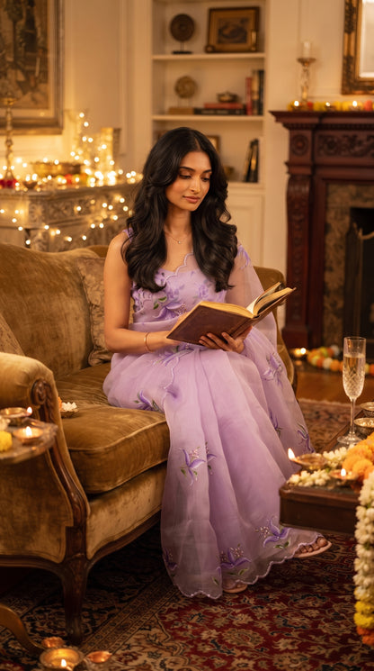 A woman sitting on a velvet sofa in a warm, dimly lit room with fairy lights, looking down gracefully while reading a book in her translucent lavender pure chiffon saree with purple floral embroidery