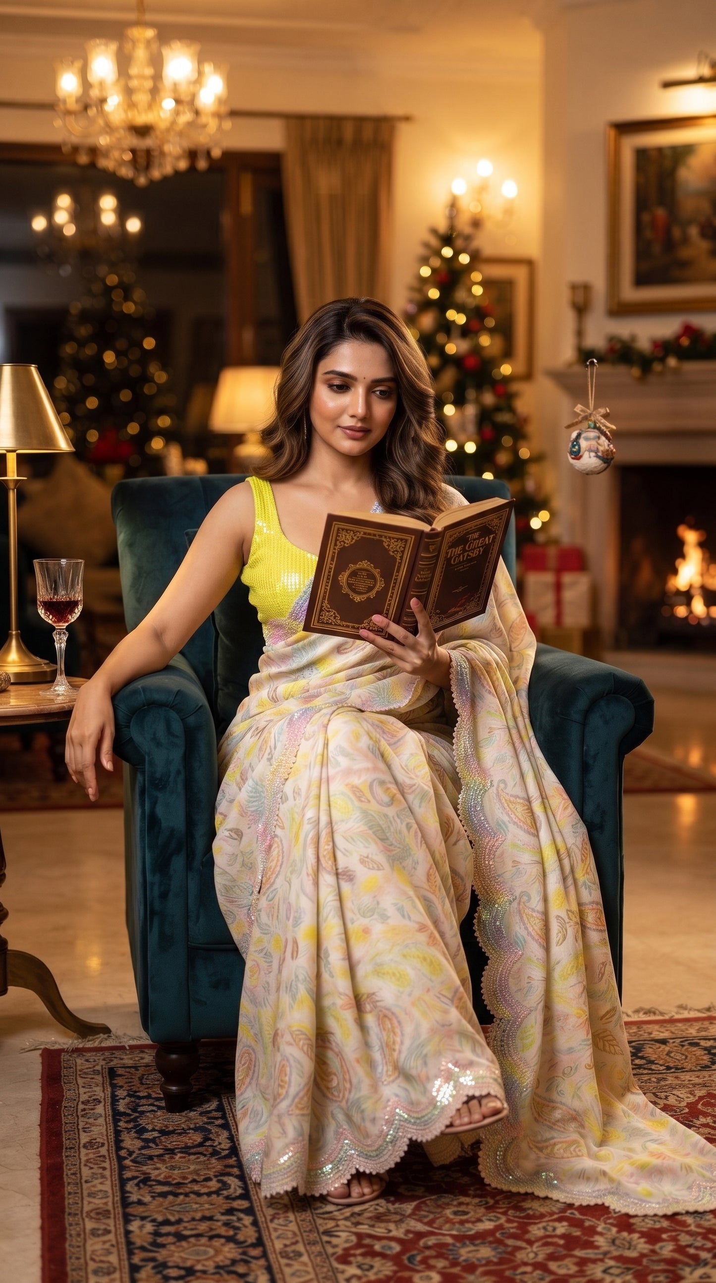 A portrait of a woman sitting on a blue velvet armchair reading a book by a fireplace and a Christmas tree, displaying her cream jacquard silk saree paired with a shimmering lime yellow blouse
