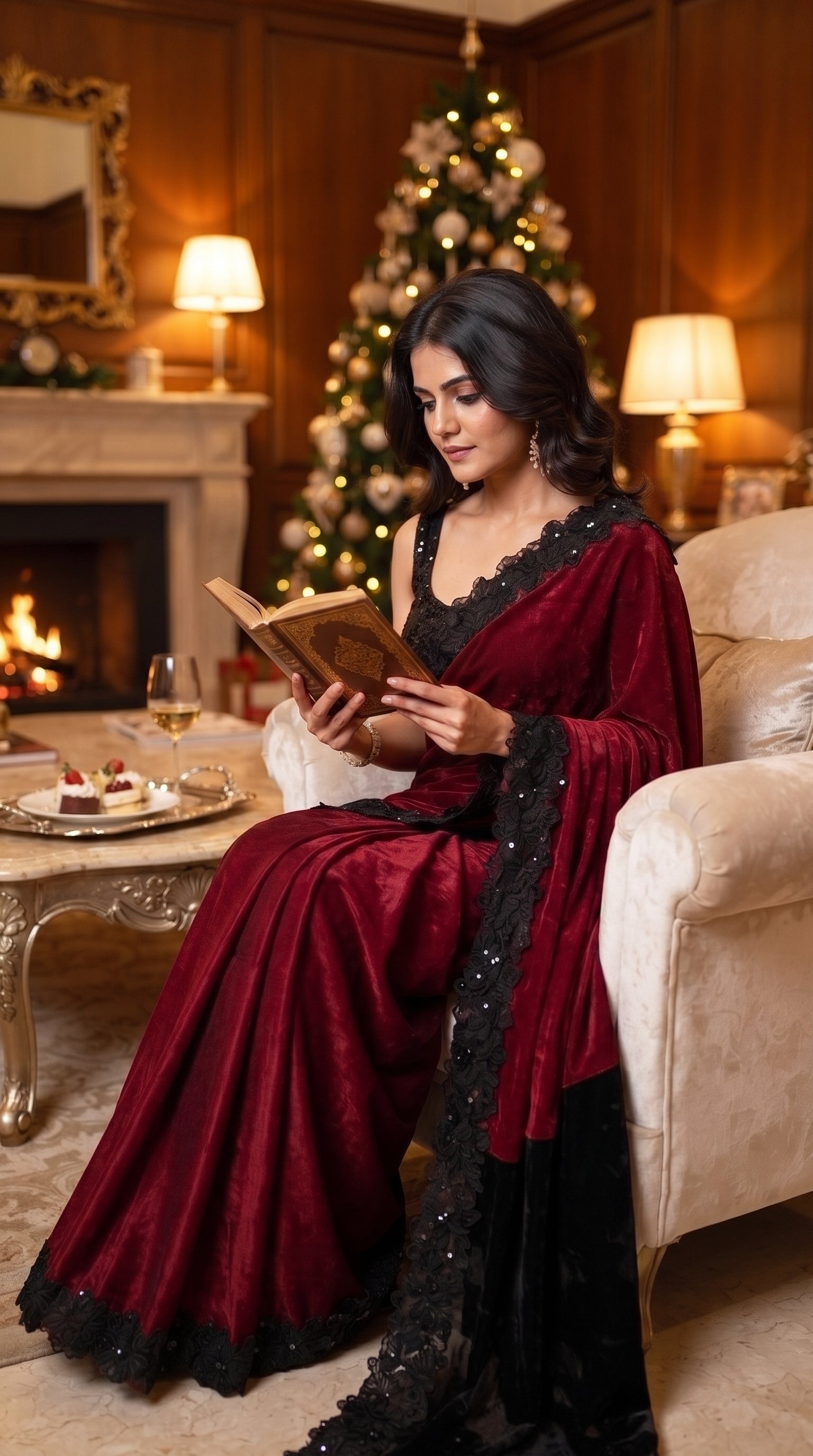 A front profile view of a woman sitting on a white armchair by a fireplace and a Christmas tree, reading a book while elegantly showcasing the plush texture and sequined black lace trim of her maroon velvet saree