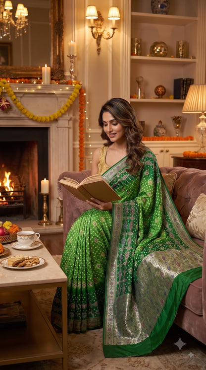 Dhupiyan Silk with Bandhani & Jaal Zari - Green