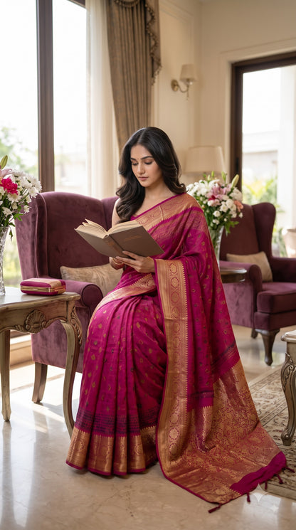 Art Silk Bandhani with Shibori & Zari Border - Magenta