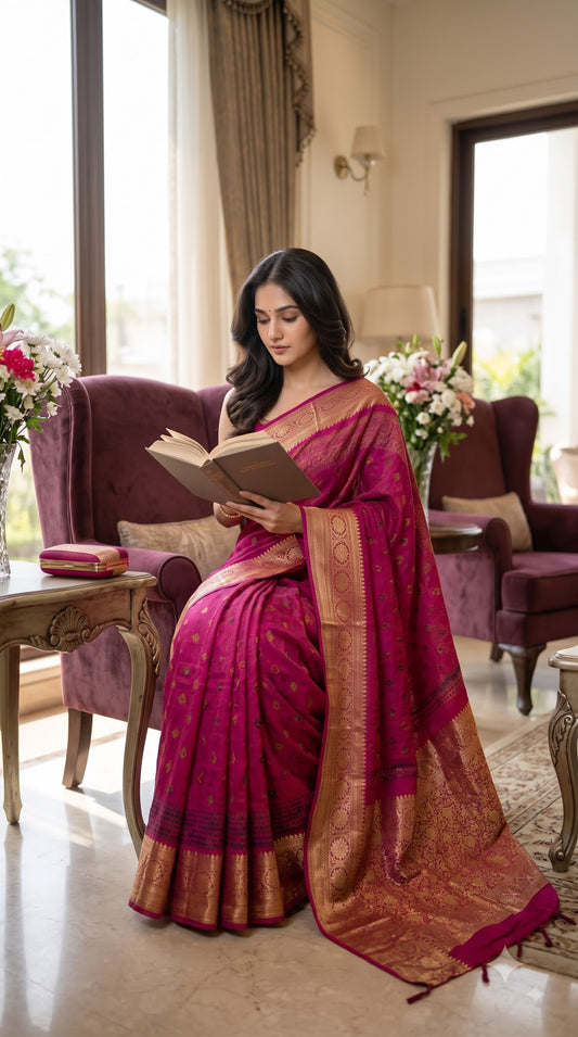 Art Silk Bandhani with Shibori & Zari Border - Magenta