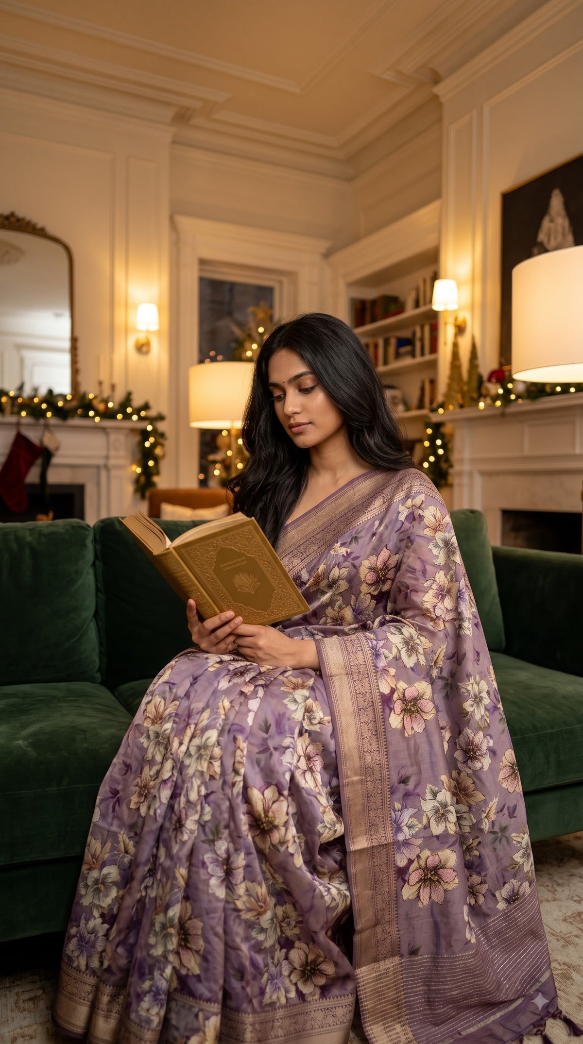 Pure Silk Saree with Digital Print & French Knot Kantha-Stitched - Purple