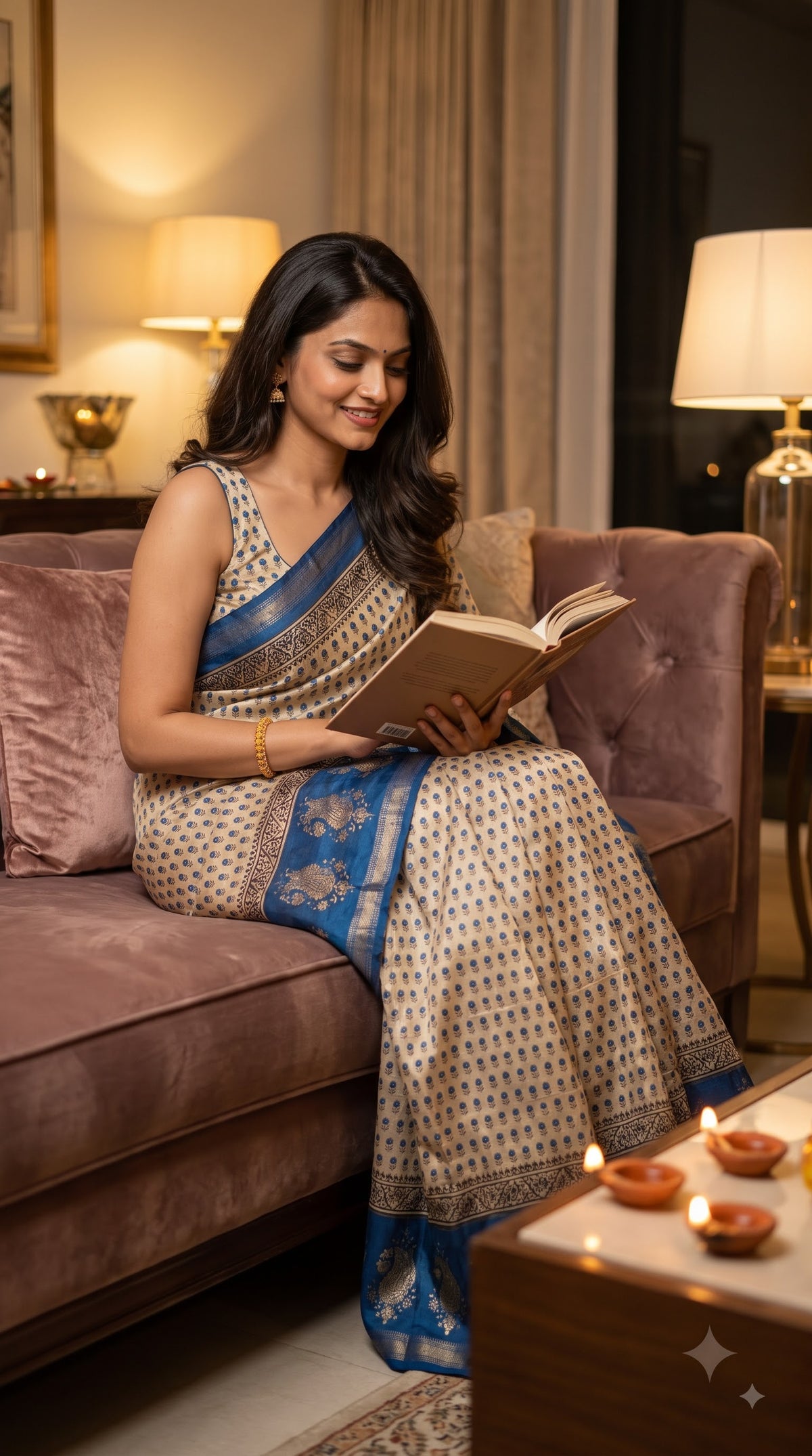 Maheshwari Silk Saree with Sanganery Handblock Print - Blue