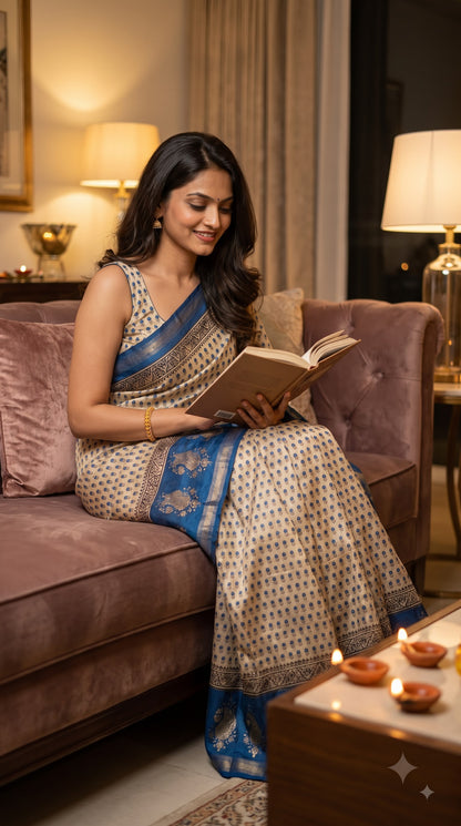 Maheshwari Silk Saree with Sanganery Handblock Print - Blue