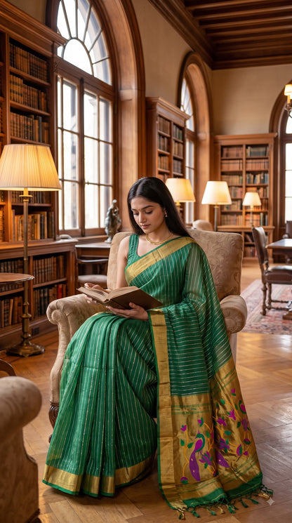 Organza Saree with Paithani Pallu - Green