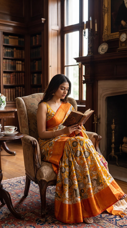 Kanchi Border Kalamkari Silk Saree - Yellow with Orange
