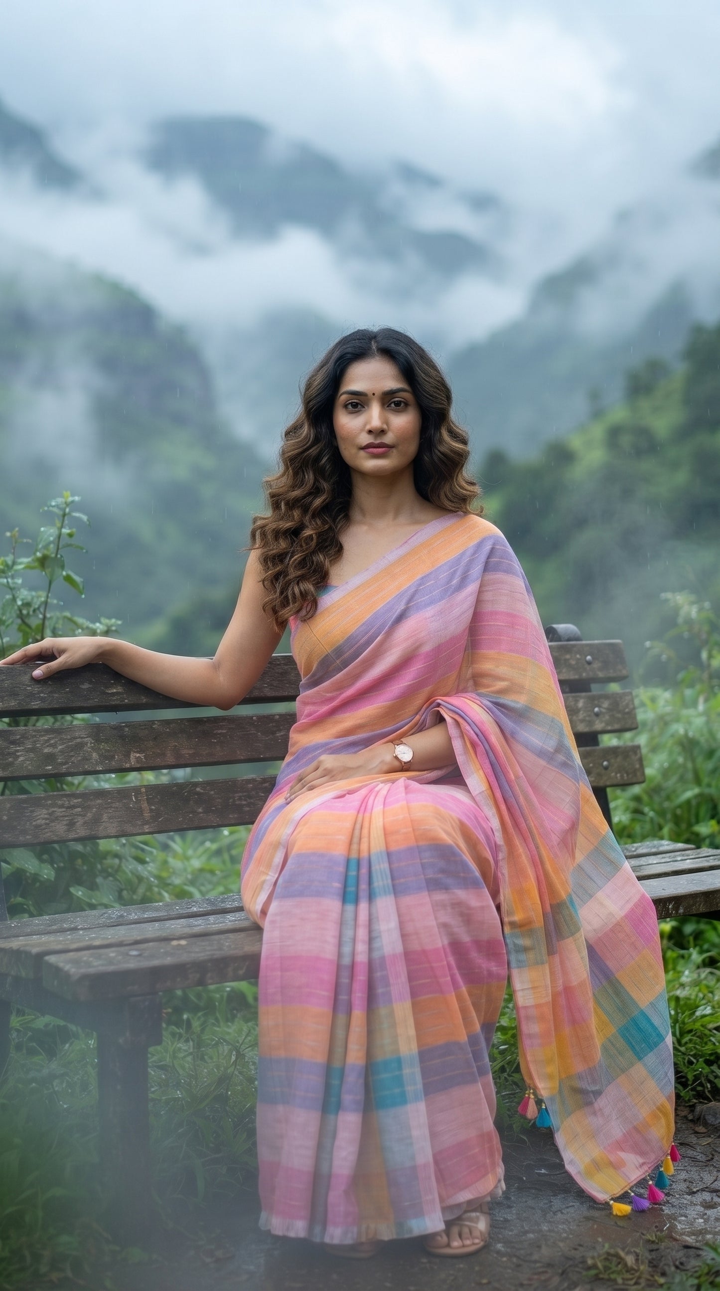 A model seated on a weathered wooden bench against a backdrop of misty, green tropical mountains, emphasizing the soft texture and comfortable fit of her checkered pink and orange linen saree