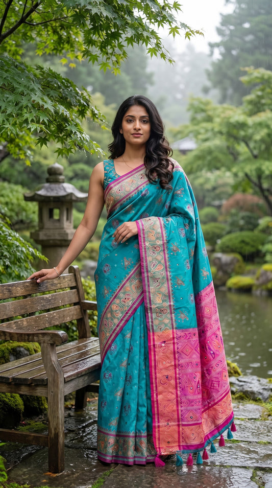 Viscose Silk Saree with Patola Weave - Aqua Blue