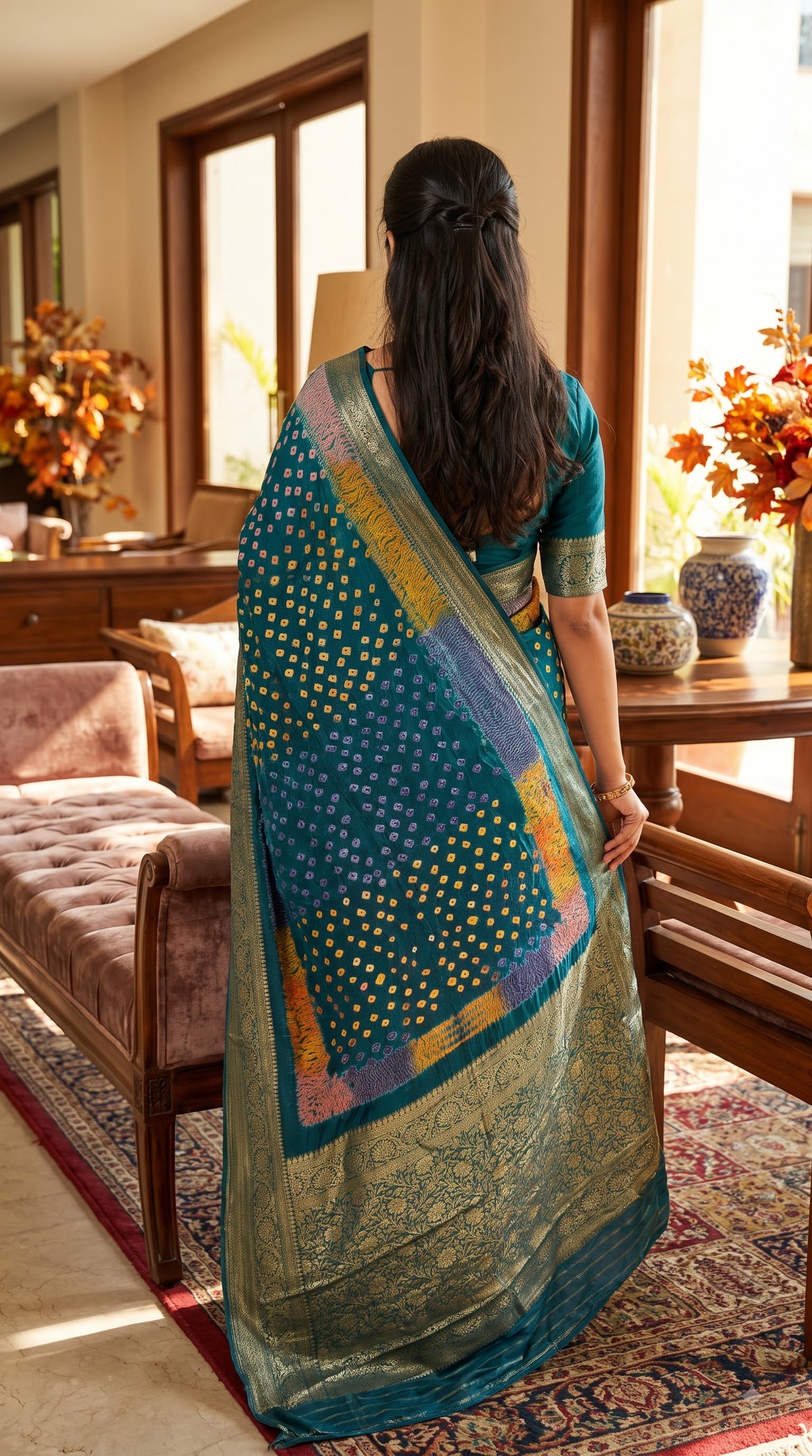 Art Silk Bandhani with Shibori & Zari Border - Blue