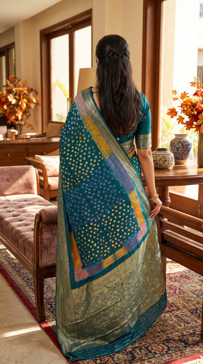 Art Silk Bandhani with Shibori & Zari Border - Blue