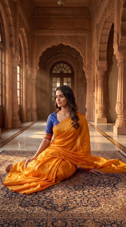 A front profile view of a woman sitting gracefully on an ornate Persian carpet inside a sunlit carved sandstone palace corridor, displaying the flawless tailored silhouette of her orange tissue cotton saree