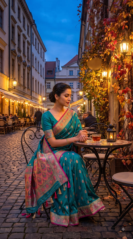 Viscose Silk Saree with Patola Weave - Aqua Blue