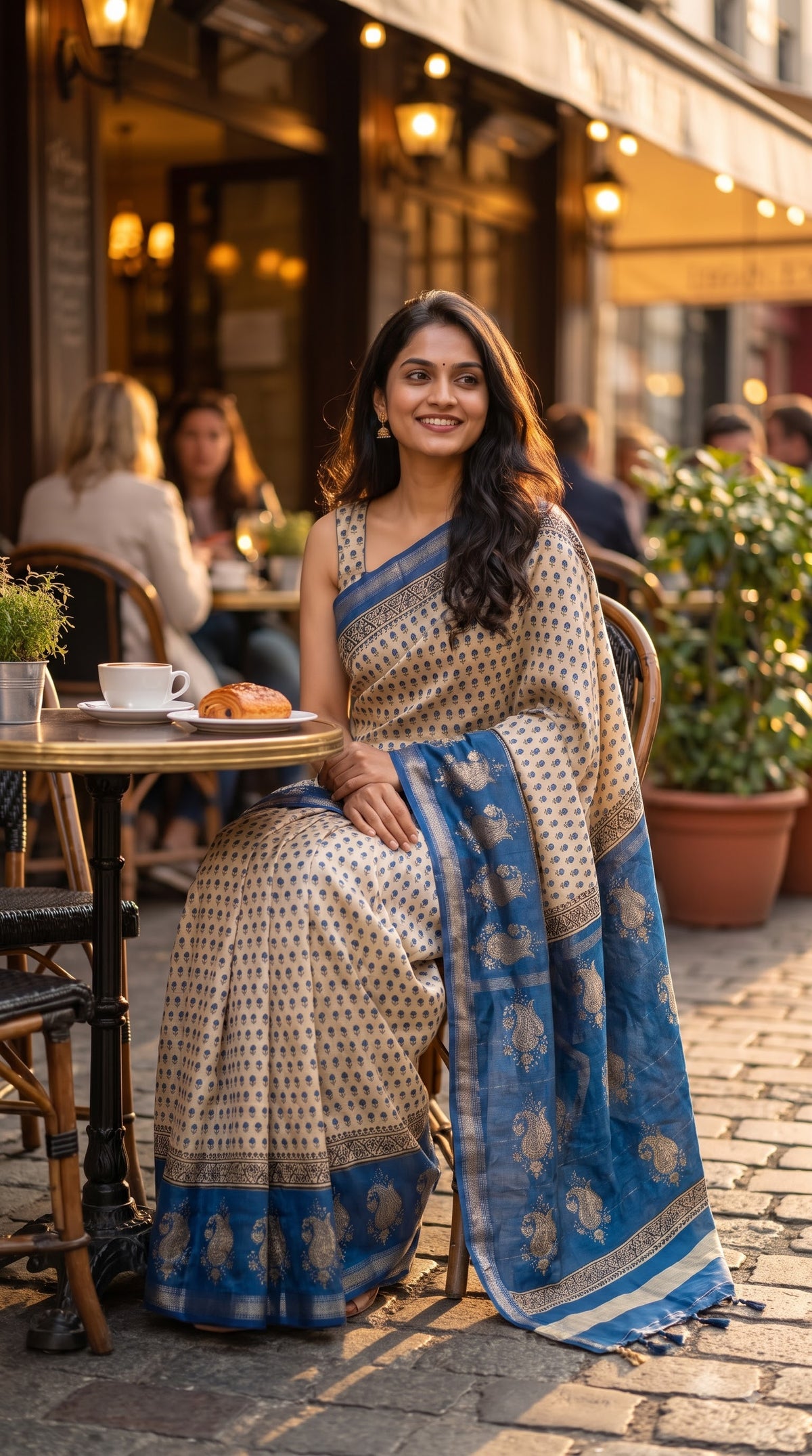 Maheshwari Silk Saree with Sanganery Handblock Print - Blue